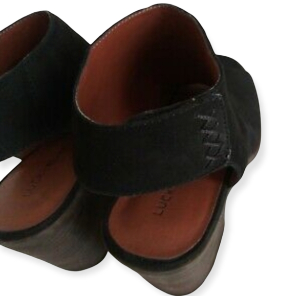 Lucky Brand Odenah Leather Suede Block Heels Booties Peep Toe Size 8.5M - Picture 3 of 10